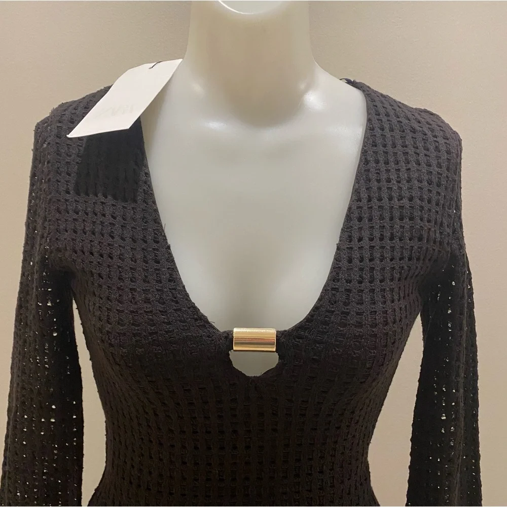 Zara NWT black open weave V-neck midi dress long sleeve gold accents size XS - Picture 3 of 15
